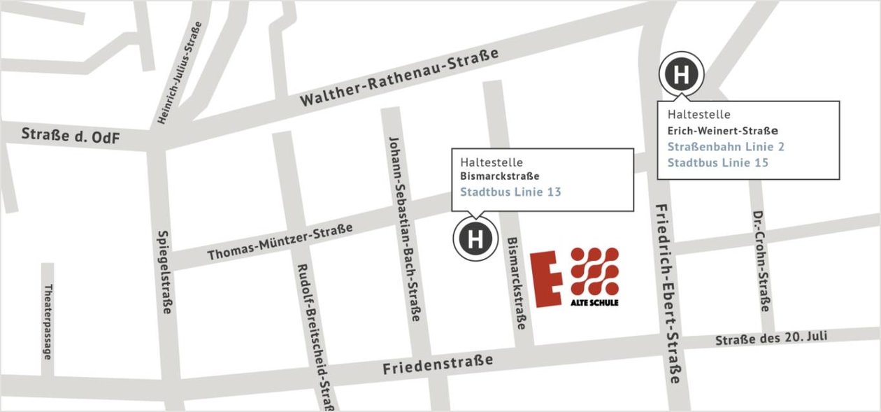 Kartenausschnitt mit der Alten Schule in der Bismarckstraße und den anliegenden Bushaltestellen Bismarkstraße Stadtbus Linie 13 und Erich-Weinert-Straße Straße Straßenbahn Linie 2 und Stadtbus Linie 15